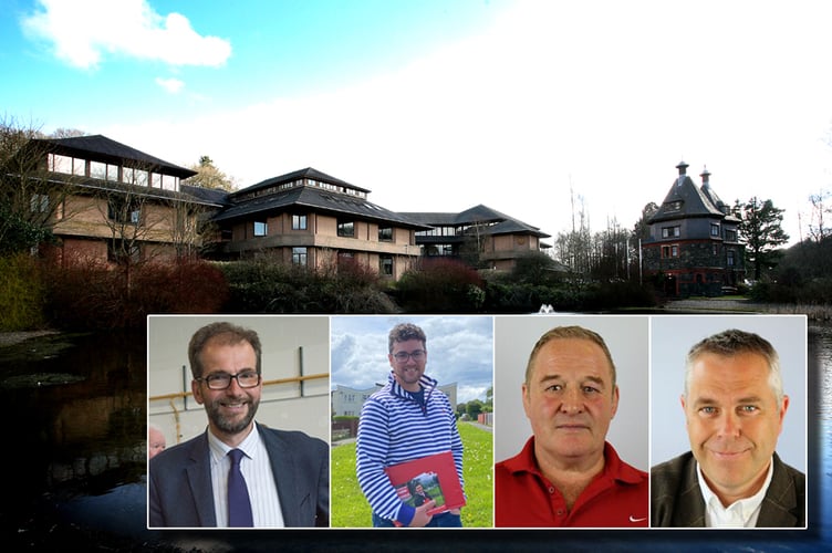 Main opposition leaders inset over a picture of county hall