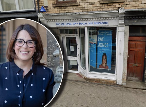 Fay Jones inset over her Llandrindod Wells office