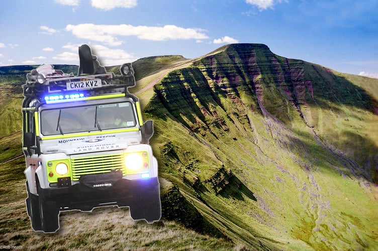 Pen y Fan with an inset cutout of a Brecon MRT vehicle