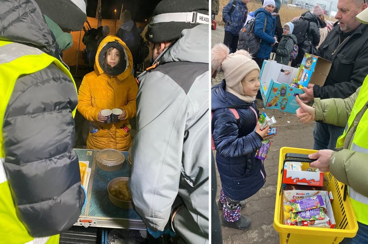 Left is young refugee waiting for hot food while right is a girl being given sweets at the checkpoint