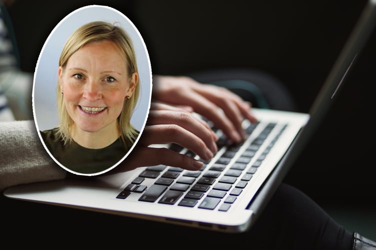 Cllr Rachel Powell inset over a stock photo of a laptop