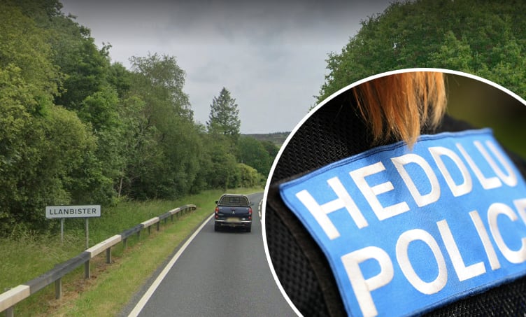 A stretch of the A483 near Llanbister with an inset police stock photo