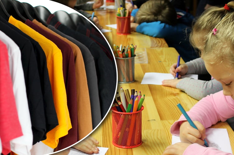 Tee shirts inset over a photo of children colouring