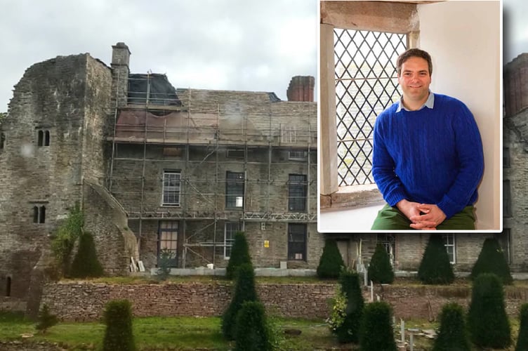 Tom True inset over Hay Castle which is currently being restored