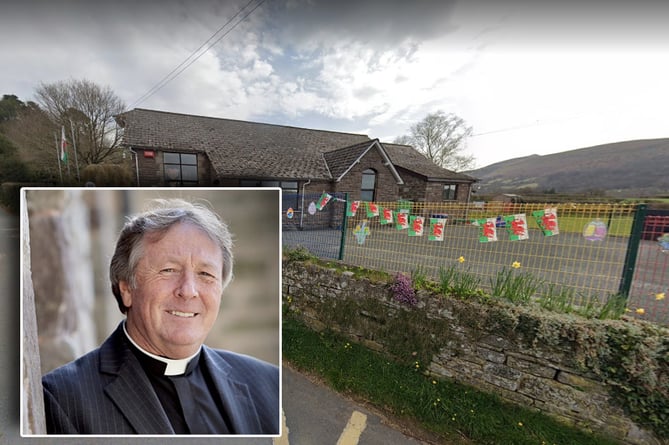 Bishop John Lomas inset over a photo of Llanbedr School 
