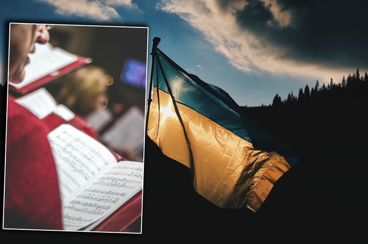 A choir over the Ukraine flag