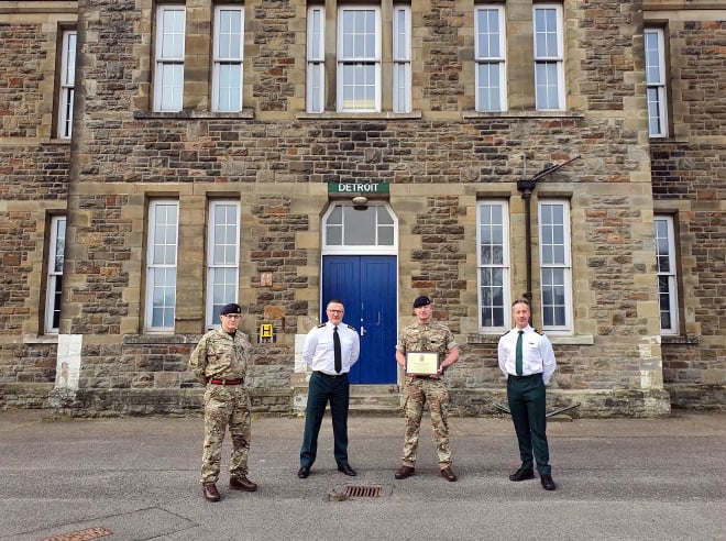 Lt Col Mark Jolly, Chief Executive Jason Killens, Major Alex Wilson, Officer Commanding 4 Rgt RLC and Director of Operations Lee Brooks.