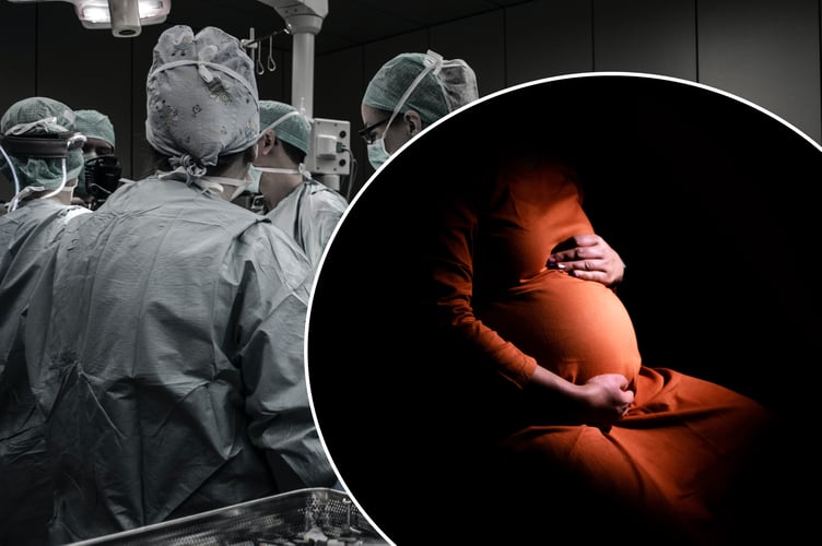 A stock photo of hospital staff with a pregnant woman inset over the top
