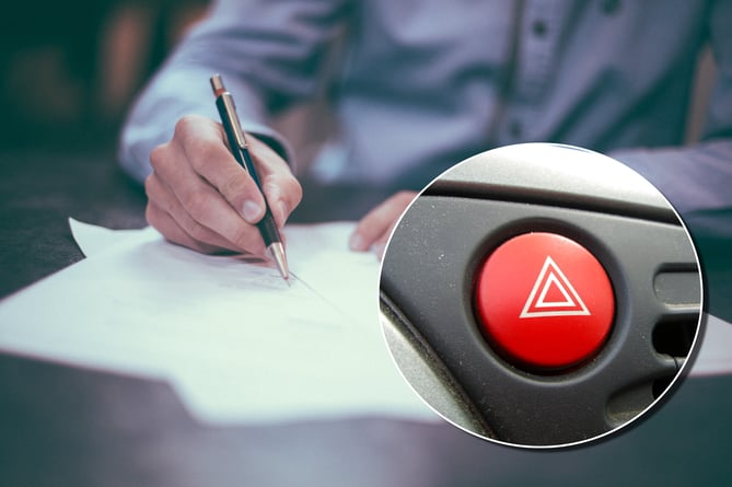 A man writing a letter with an inset photo of a hazards button