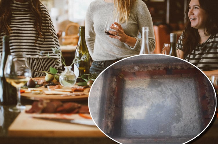 People cooking with an inset photo of a sewage blockage caused by kitchen waste