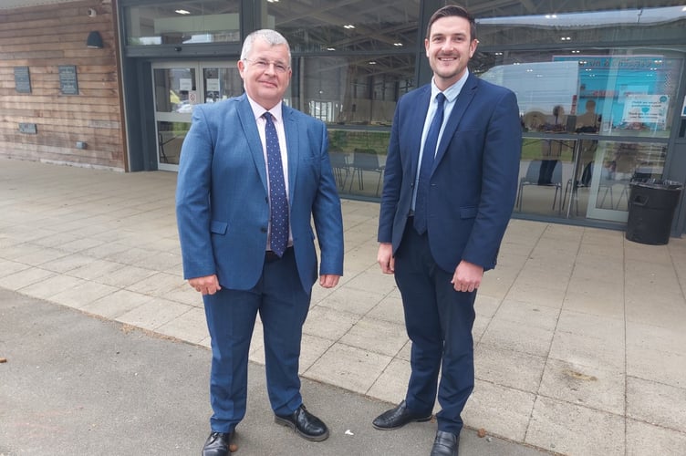 Cllr Iain McIntosh and MS James Evans outside the count in Llanelwedd