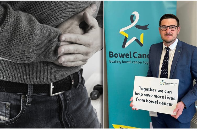 MS James Evans with a sign about bowel cancer inset over a stock photo of somebody with stomach pain