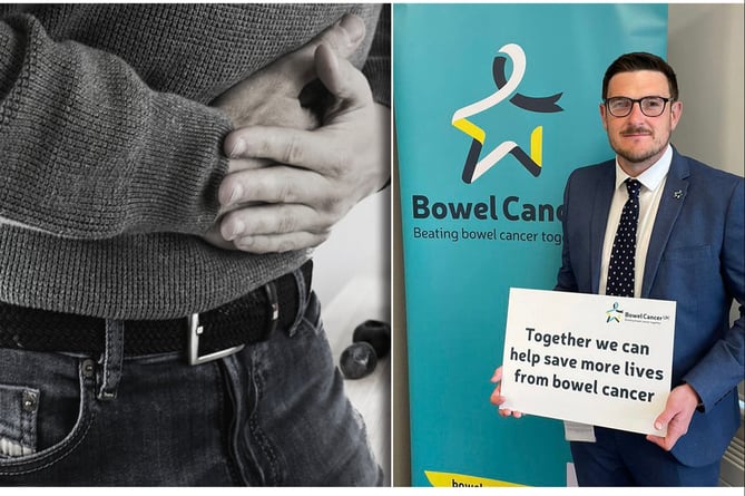 MS James Evans with a sign about bowel cancer inset over a stock photo of somebody with stomach pain