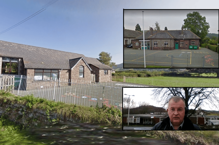 Llanbedr Church in Wales Primary School (Google Streetview) inset above is Llanfihangel Rhydithon Primary School (Google StreetView) and below that is Cllr Iain McIntosh at Cradoc Primary School (screenshot from Microsoft Teams meeting)