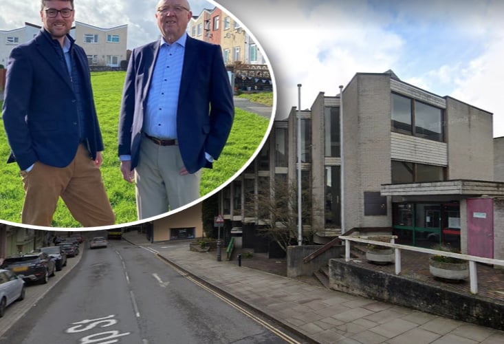 Cllr Dorrance and Cllr Meredith inset over a photo of the old library on Ship Street