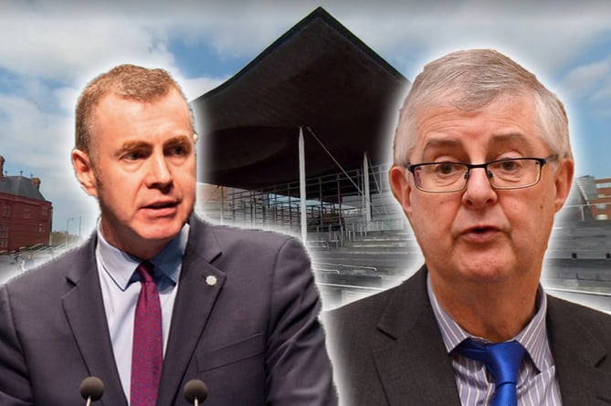 Plaid leader Adam Price (left) and First Minister Mark Drakeford inset over a Google Street View photo of the Senedd