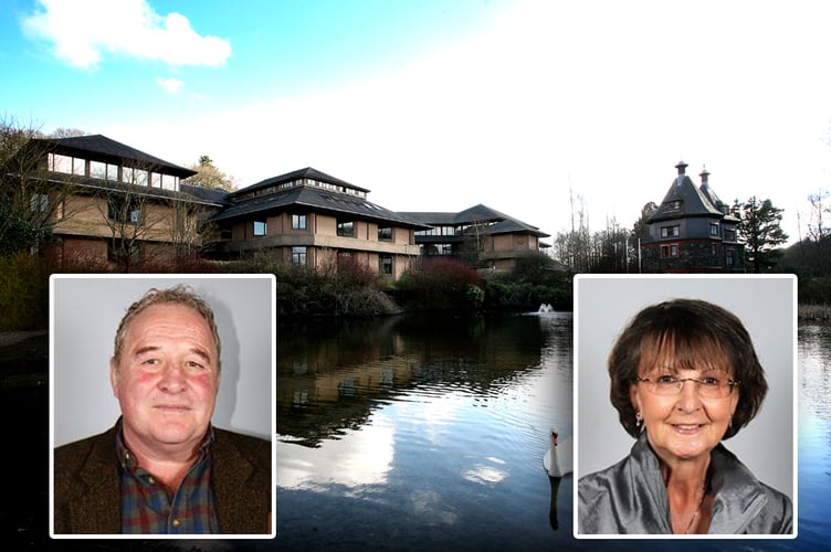 Jeremy Pugh and Heulwen Hulme inset over Powys County Hall