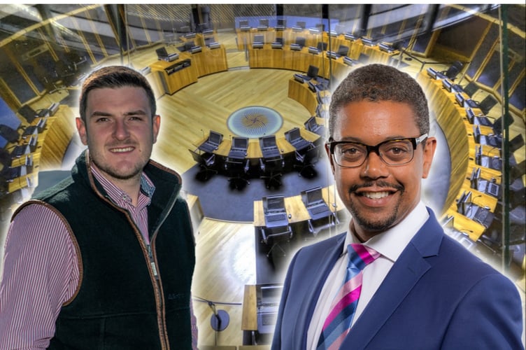 MS James Evans and economy minister Vaughan Gething in front of the Senedd inside