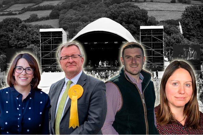 Left to right: MP Fay Jones, Cllr William Powell, MS James Evans, and Cllr Anita Cartwright inset over a black and white photo of Green Man festival’s main stage