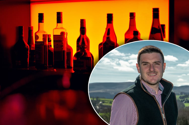 James Evans inset over a stock photo of alcohol bottles