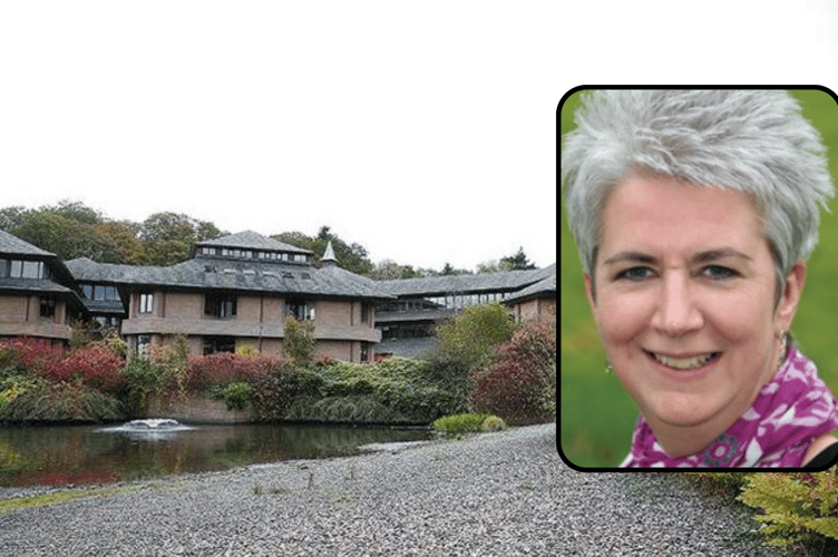 County Hall in Llandrindod Wells. Inset is Jane Thomas, Head Of Finance