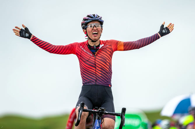 Picture by Alex Whitehead/SWpix.com - 13/06/2019 - Cycling - OVO Energy Women's Tour, Stage 4: Warwick to Burton Dassett Country Park - Kasia Niewiadoma of Canyon SRAM celebrates winning stage 4 atop Burton Dassett.