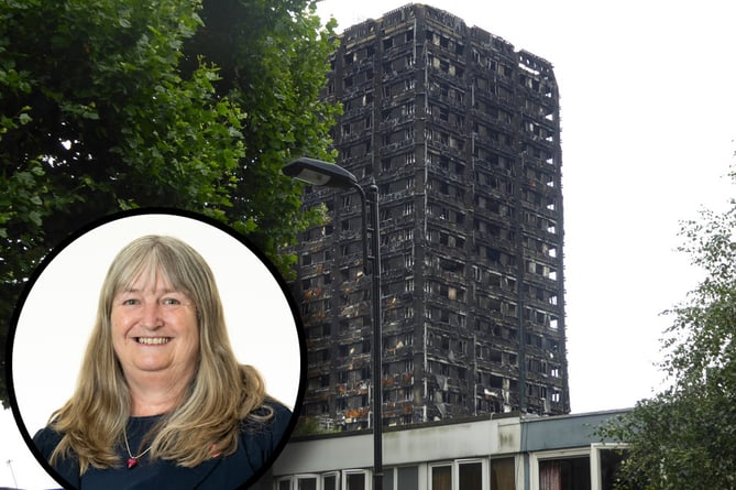 Julie James inset over the blackened remains of Grenfell Tower