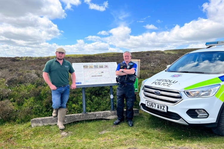 Gamekeeper Aaron Brookshaw and PCSO Billy Dunne at Harpton Estate on Sunday. 