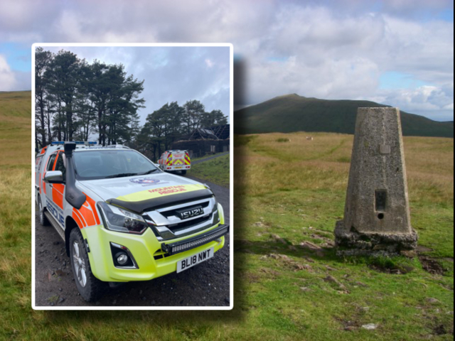 A Central Beacons Mountain Rescue Team vehicle inset over Trig point on Twyn Mwyalchod