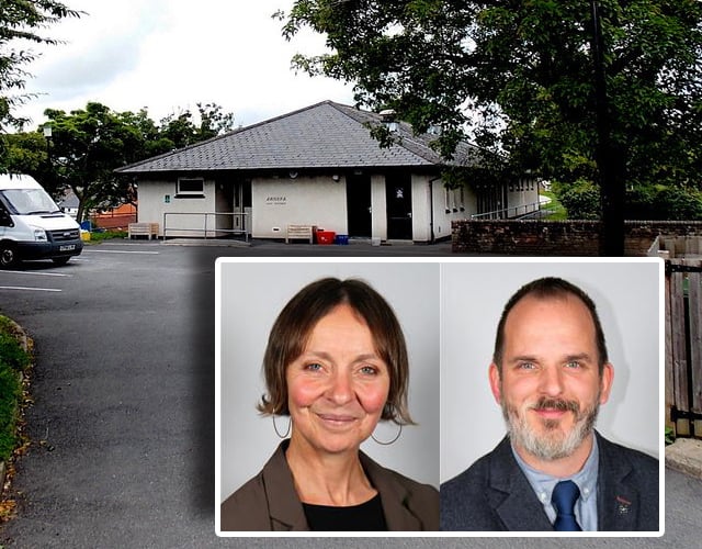 Cllr Sian Cox and Cllr Gareth Ratcliffe inset over Arosfa Day Centre in Brecon