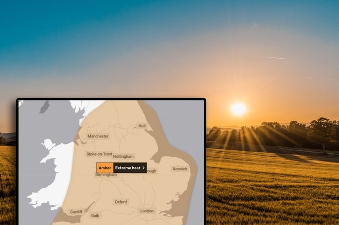 A Met Office weather warning inset over a sunny photo