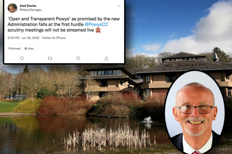 Aled Davies’ tweet and Cllr Graham Breeze inset over a photo of Powys County Hall