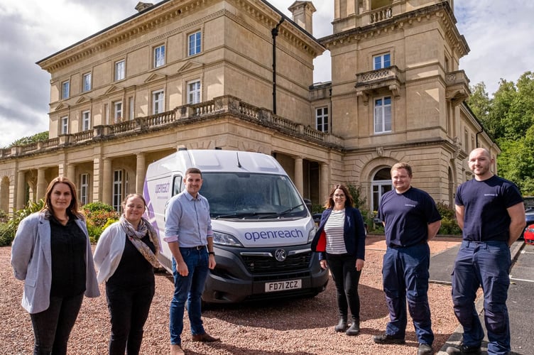 Fay Jones and James Evans with the Openreach team at Penoyre House
