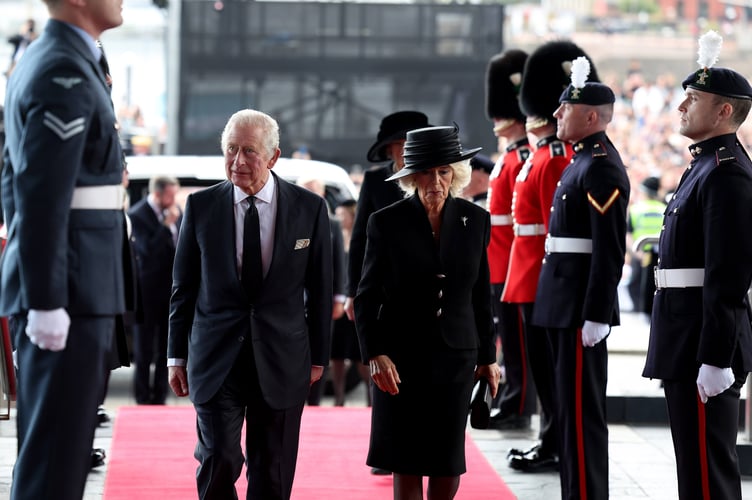 16.09.22 - HM King Charles III and The Queen Consort visit to The Senedd, Cardiff - Their Majesties The King and Queen Consort arrive at the Senedd in Cardiff 