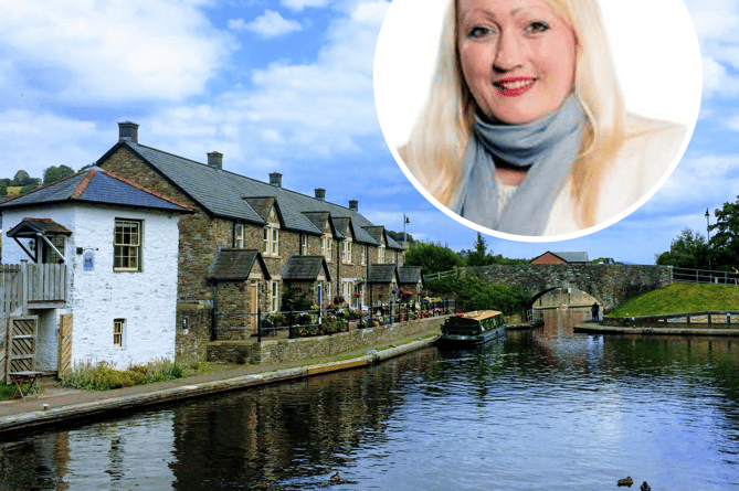 The Mon Brecon Canal at Brecon - inset is Minister for Finance and Local Government Rebecca Evans MS