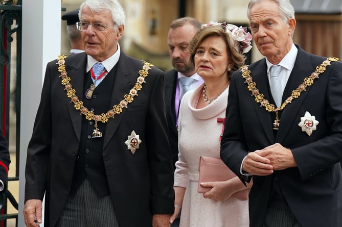 Former prime ministers John Major and Tony Blair with his wife Cherie as they arrive at Westminster Abbey, central London, ahead of the coronation ceremony of King Charles III and Queen Camilla.Picture date: Saturday May 6, 2023. PA Photo. See PA story ROYAL Coronation. Photo credit should read: Andrew Milligan/PA Wire