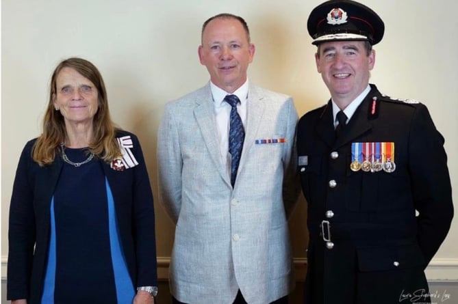 Adrian with Chief Fire Officer Roger Thomas and  Lord-Lieutenant of Powys Mrs Tia Jones