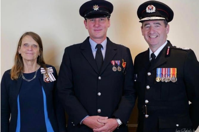 Carl with Chief Fire Officer Roger Thomas and  Lord-Lieutenant of Powys Mrs Tia Jones