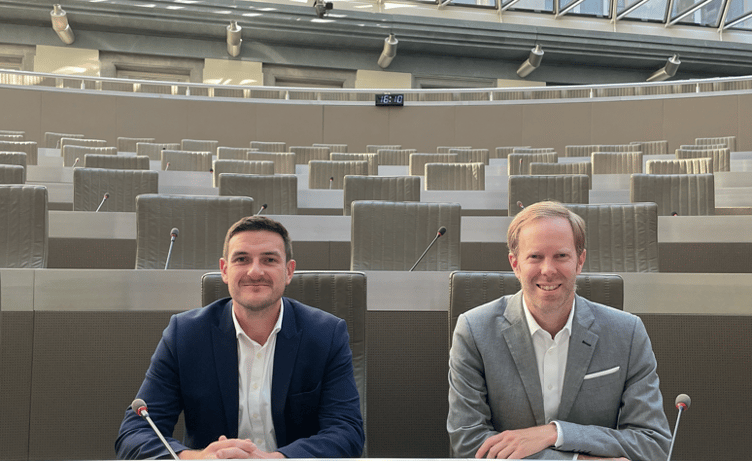 James Evans MS and Mr Van Rompuy in the Flemish Parliamentary Chamber.