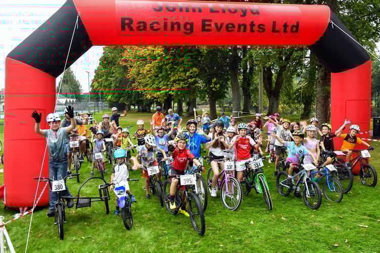 Cyclists at the Ready for the start of the one-mile lap event on the Groe, at the Annual Builth Bike Bash