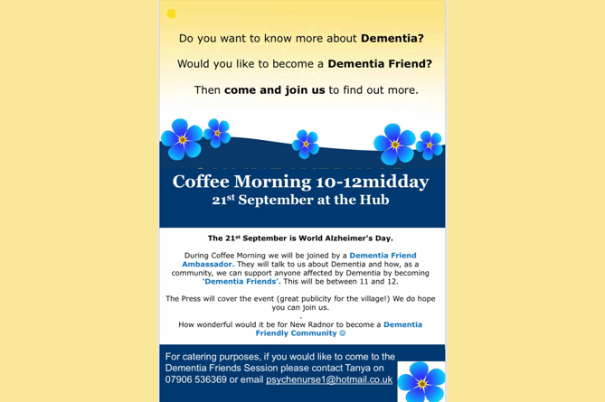 The dementia coffee morning is being held on the 21st of September