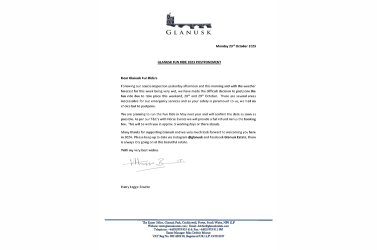 The Glanusk Estate have postponed their famous fun ride event