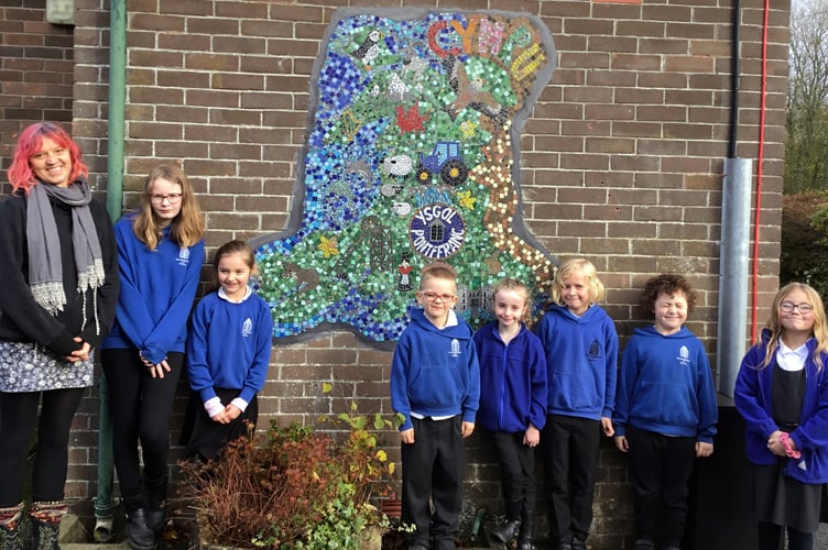 The mosaic on display at Franksbridge Community Primary School