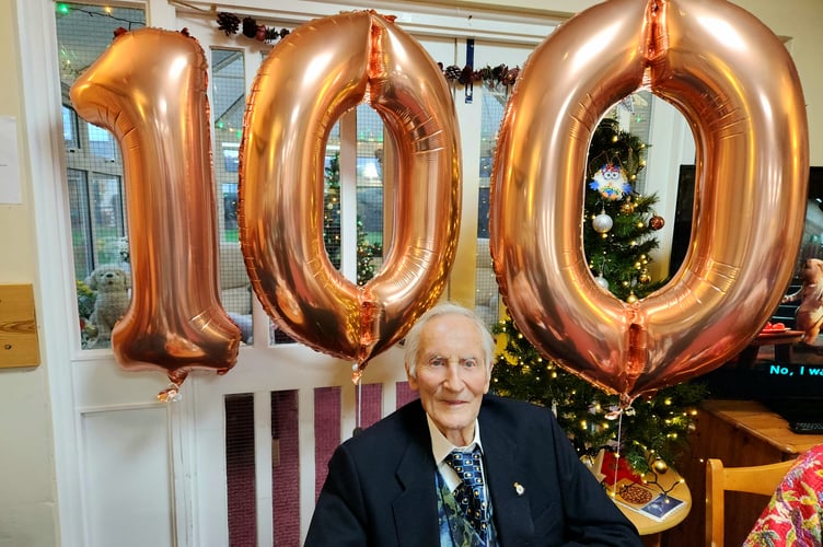 John Davies celebrating his 100th birthday at Trenewydd care home