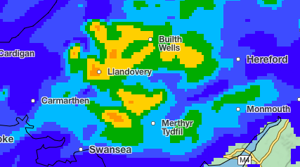 A yellow weather warning is in place for Powys