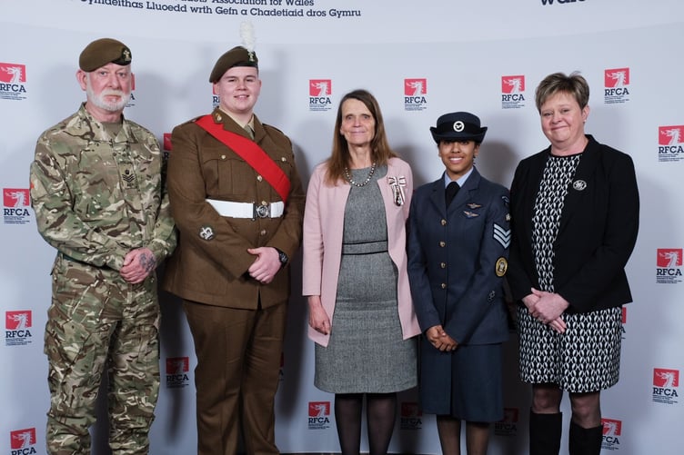 All award recipients and appointees: Staff Sergeant Instructor Ken Griffiths, Cadet Company Sergeant Major Elliott Paul, the Lord-Lieutenant of Powys, Mrs Tia Jones, Flight Sergeant Amira Vieyra and Mrs Pam Jones