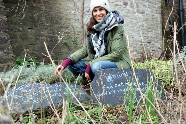 Ready for growing healthy green minds: Brecon Mind ecotherapist, Ceri Hayes in the Green Minds garden in Brecon Cathedral grounds.