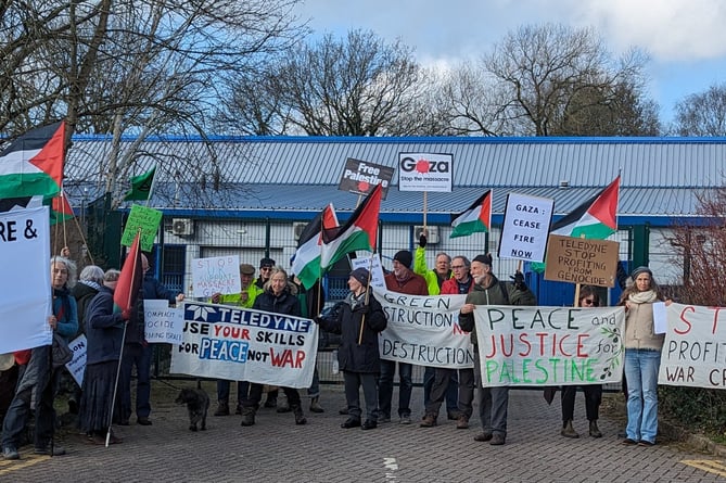 Protesters outside the main gate of Teledyne Labtech Ltd in Presteigne 