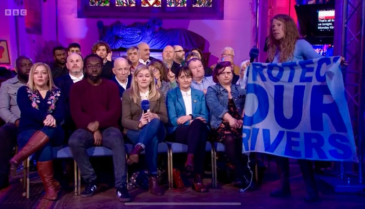 BBC Newsnight saw campaigner Angela Jones hold up protect our rivers banner