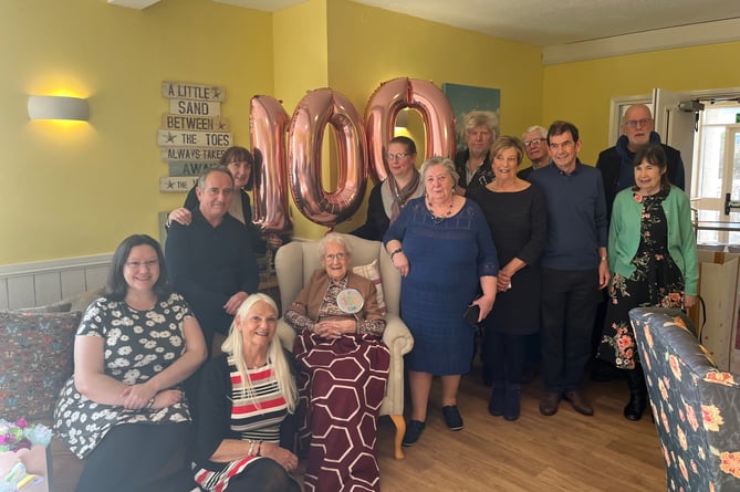 100-year-old Pauline Johnson with her family at Wylesfield Care Home